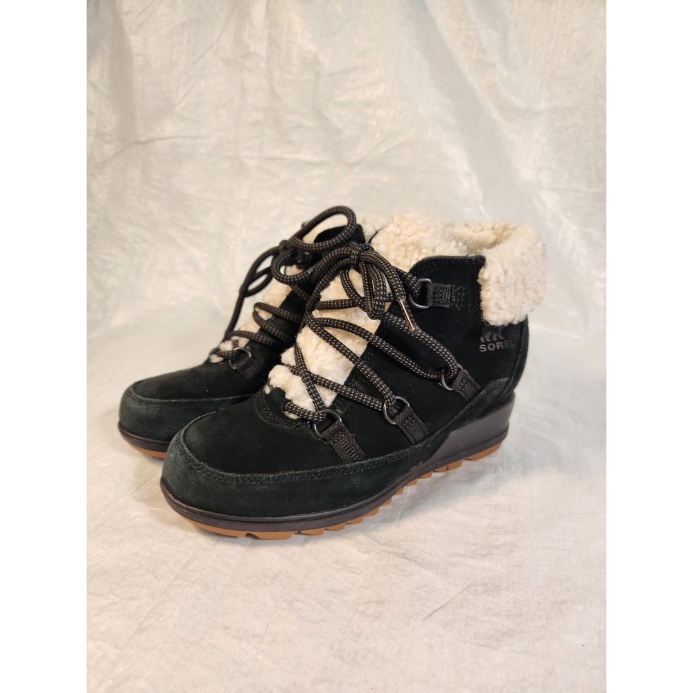 Sorel Womens Evie Cozy Lace Up Boots 6.5 Black Suede Wedge Heel Faux Fur Shoes